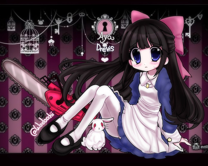 1girl, 2000s_(style), aguchi, animal, apron, aya_drevis, birdcage, black_hair, black_shoes, blue_dress, blue_eyes, bow, buttons, cage, chainsaw, character_name, closed_mouth, collarbone, collared_dress, commentary, dress, english_commentary, hair_bow, heart, holding, holding_chainsaw, key, lock, long_hair, looking_at_viewer, mad_father, patterned_background, rabbit, red_bow, shoes, small_sweatdrop, thigh-highs, white_apron, white_thighhighs