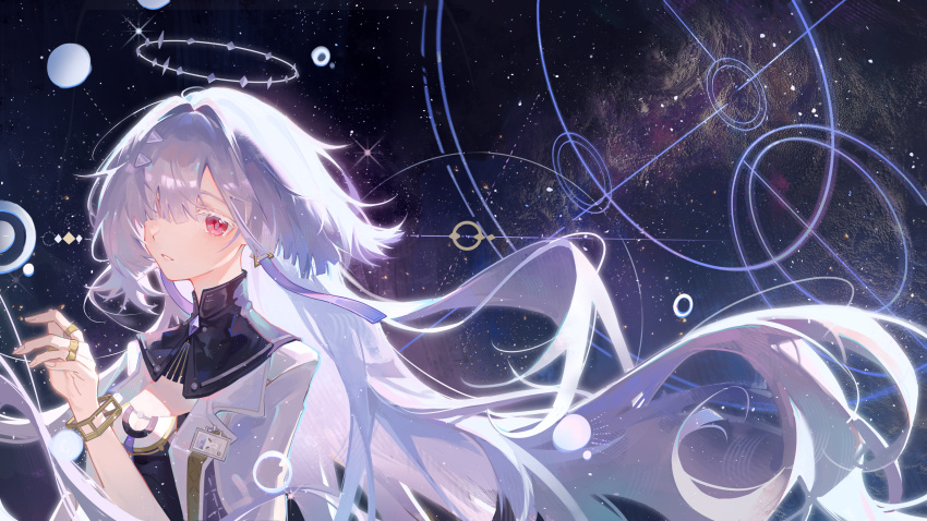 1girl, absurdres, bracelet, circle, colored_eyelashes, earrings, floating_hair, hair_over_one_eye