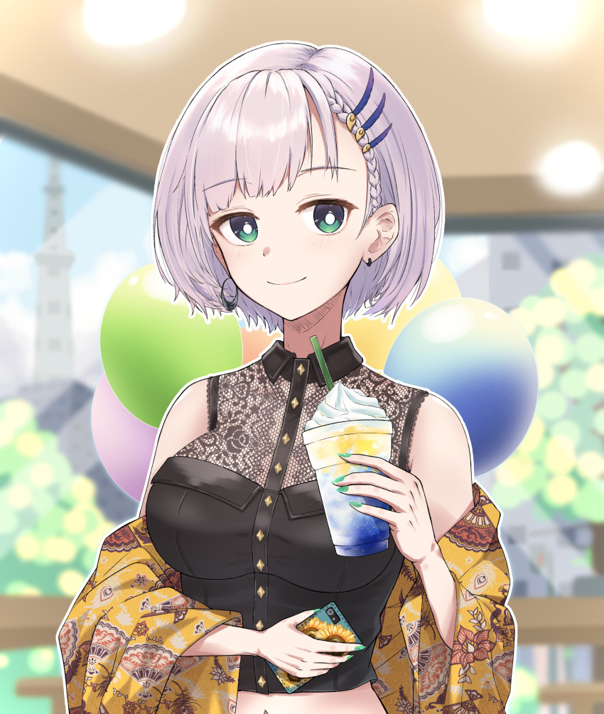 1girl, absurdres, black_shirt, blue_nails, closed_mouth, commentary_request, cup, disposable_cup, earrings, green_eyes, grey_hair, hair_ornament, hairpin, highres, holding, holding_cup, hololive, hololive_indonesia, jacket, jewelry, looking_at_viewer, nail_polish, official_alternate_costume, official_alternate_hair_length, official_alternate_hairstyle, pavolia_reine, pavolia_reine_(indonesian_casual), shirt, smile, solo, u_da_desu, virtual_youtuber, yellow_jacket