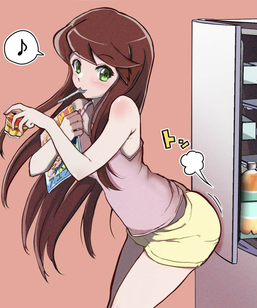 1girl, amezaki_chihaya, book, brown_hair, camisole, commentary_request, eighth_note, food, green_eyes, highres, holding, holding_book, jikkyou_powerful_pro_yakyuu, kokora_(kokorahen), long_hair, musical_note, pink_background, pink_camisole, power_pro_kun_pocket, power_pro_kun_pocket_13, pudding, refrigerator, short_shorts, shorts, solo, sound_effects, spoken_musical_note, spoon, utensil_in_mouth, yellow_shorts