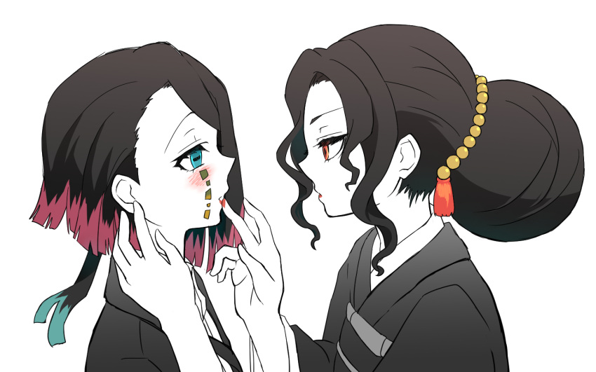1boy, 1girl, applying_another's_makeup, applying_lipstick, applying_makeup, asymmetrical_bangs, black_hair, black_jacket, blue_eyes, blush, buttons, closed_mouth, colored_tips, commentary_request, curly_sidelocks, demon_boy, demon_girl, enmu_(kimetsu_no_yaiba), face-to-face, facial_mark, finger_to_another's_mouth, from_side, gebet610, grey_kimono, hair_ornament_request, hairstyle_request, hands_up, hetero, highres, jacket, japanese_clothes, kibutsuji_muzan, kibutsuji_muzan_(female), kimetsu_no_yaiba, kimono, lipstick, long_sleeves, looking_at_another, makeup, medium_hair, multicolored_hair, pale_skin, parted_bangs, portrait, profile, raised_eyebrows, red_eyes, simple_background, smile, suit_jacket, symbol-shaped_pupils, tears_facial_mark, trap, undershirt, white_background