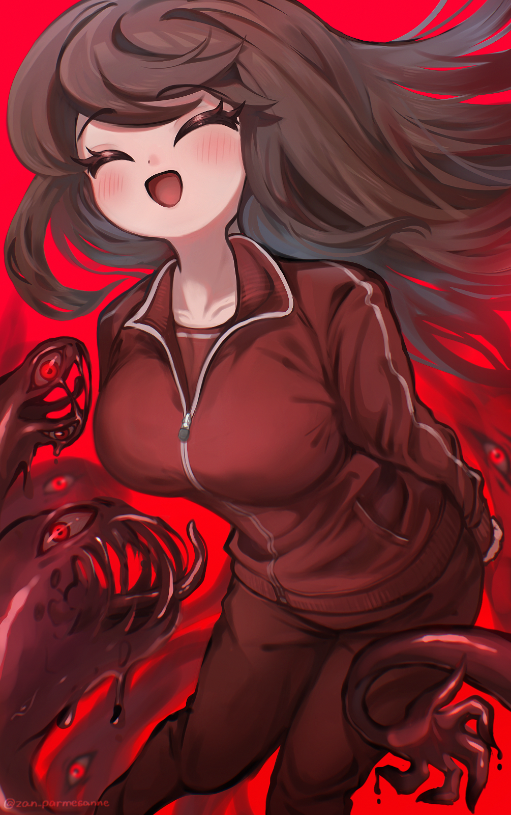 1girl, amezaki_chihaya, arms_behind_back, brown_hair, closed_eyes, commentary_request, extra_ears, floating_hair