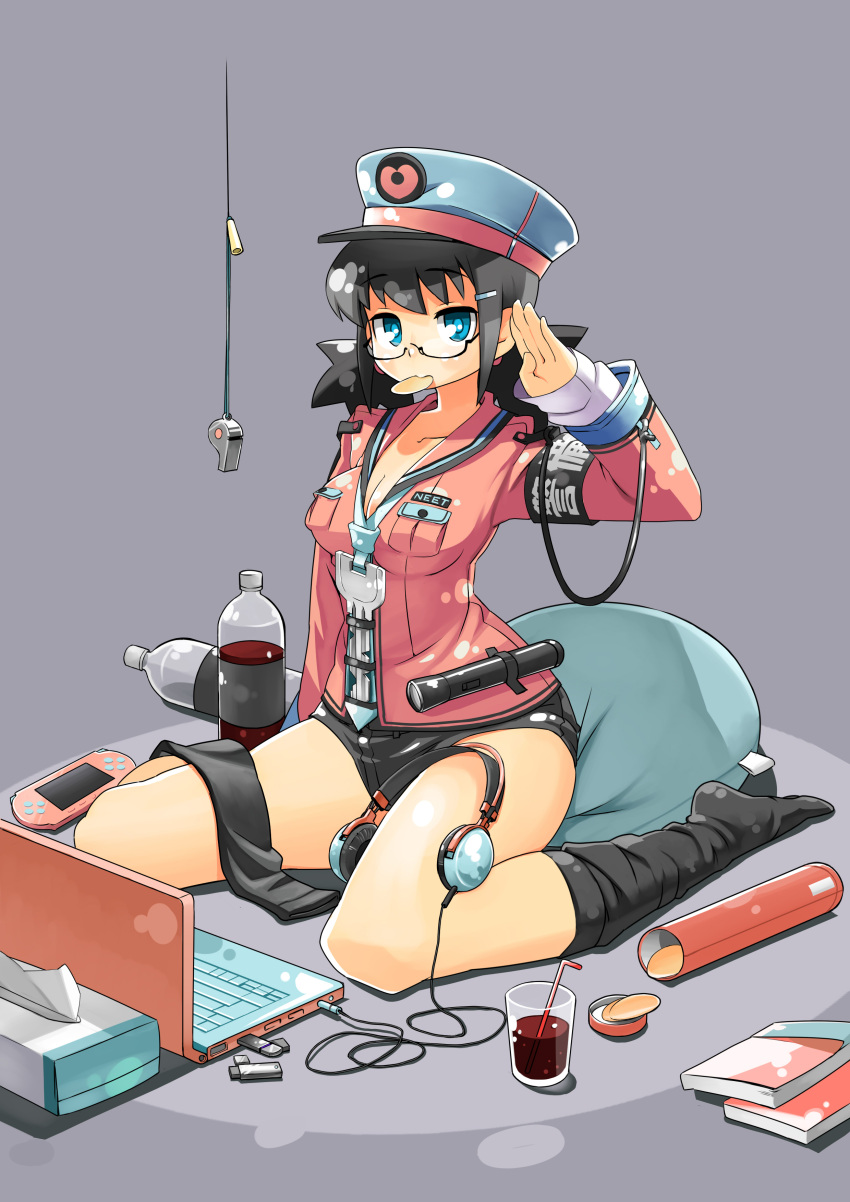 absurdres, armband, black_hair, black_legwear, blue_eyes, breasts, cleavage, computer, flashlight, glasses, grey_background, hair_ornament, hairclip, hat, headphones, headphones_removed, highres, key, laptop, mouth_hold, neet, original, peaked_cap, pillow, playstation_portable, potato_chips, psp, salute, seida, short_shorts, shorts, single_thighhigh, sitting, solo, thighhighs, tissue_box, wariza, whistle