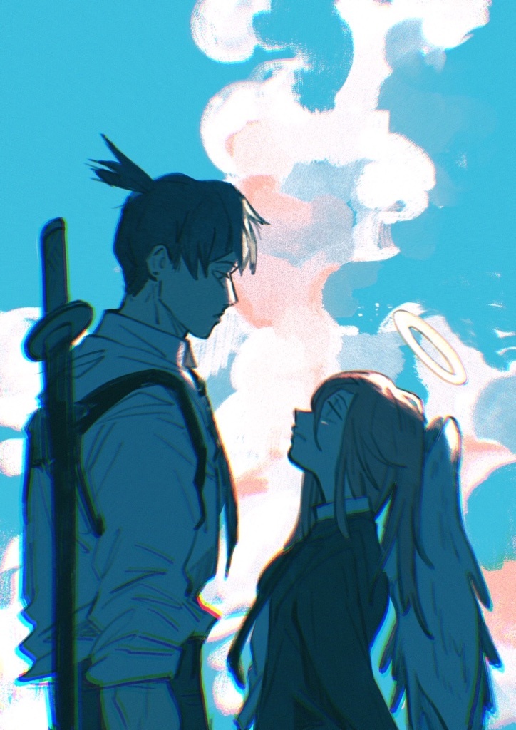 2boys, androgynous, angel, angel_devil_(chainsaw_man), angel_wings, black_jacket, blue_sky, business_suit