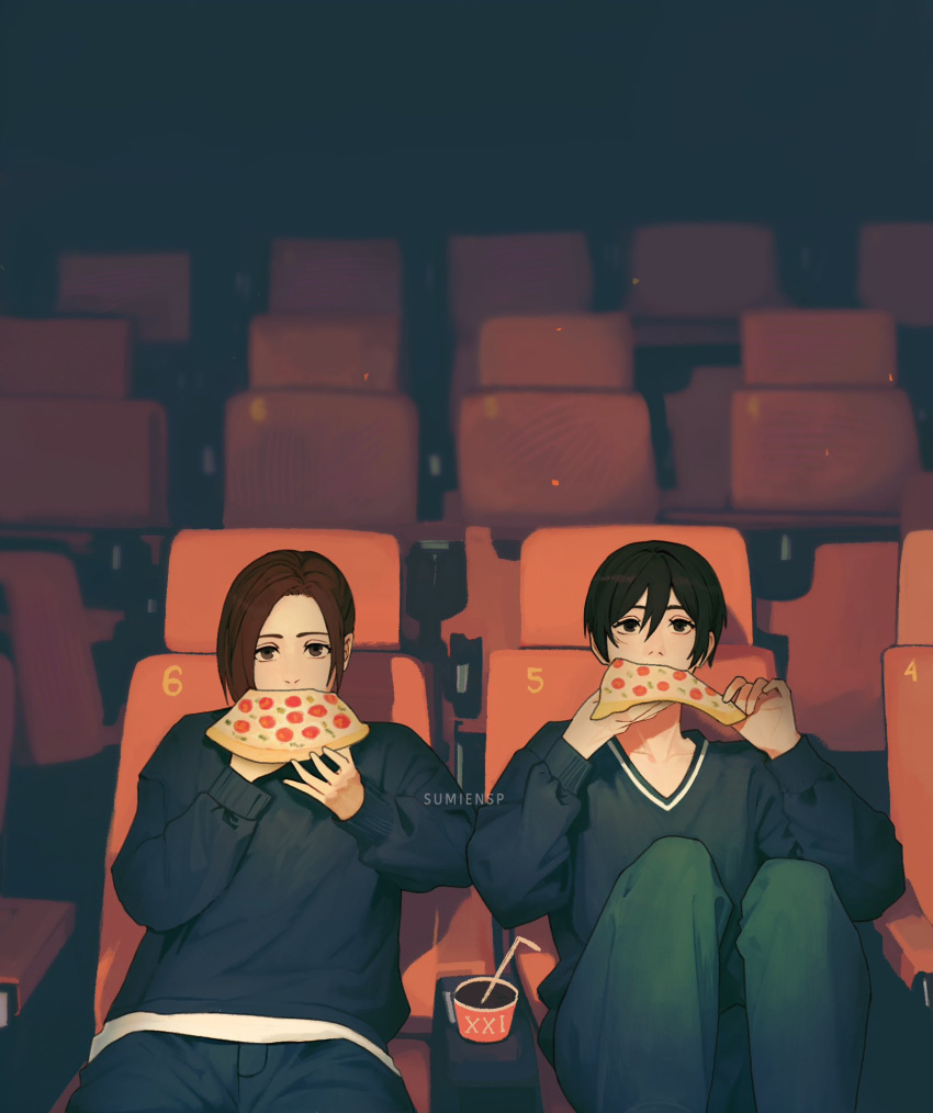 2girls, artist_name, black_eyes, black_hair, black_pants, black_sweater, blurry, blurry_background
