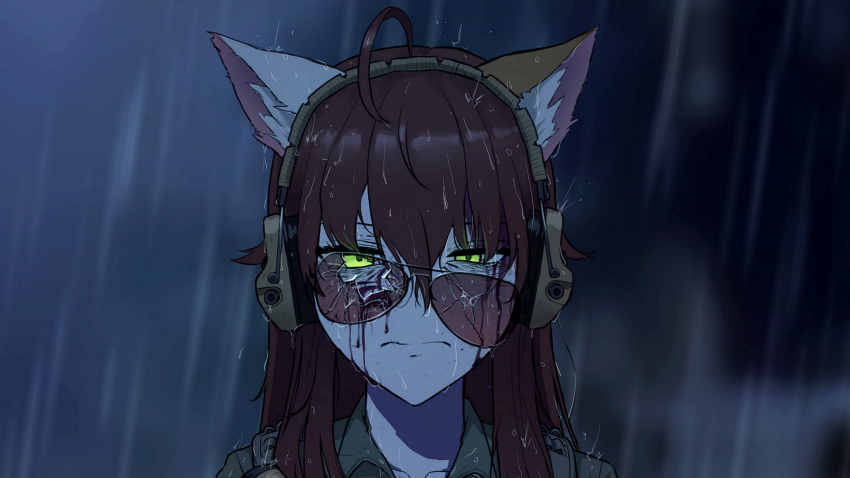 1girl, absurdres, ahoge, animal_ear_fluff, animal_ears, aviator_sunglasses, bags_under_eyes, blurry