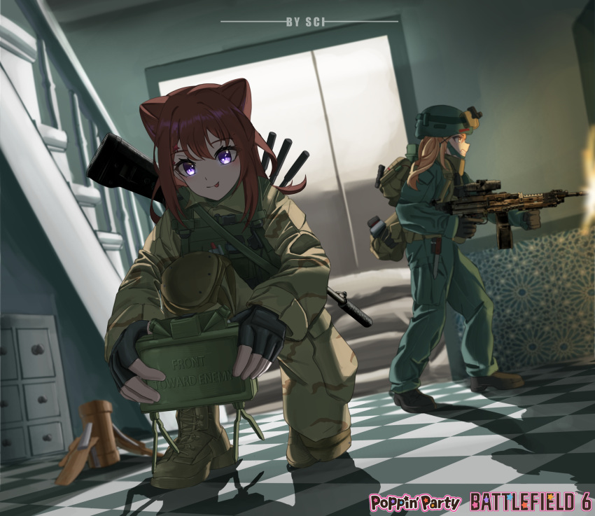 2girls, :p, absurdres, ammunition_pouch, artist_name, backlighting, backpack, bag