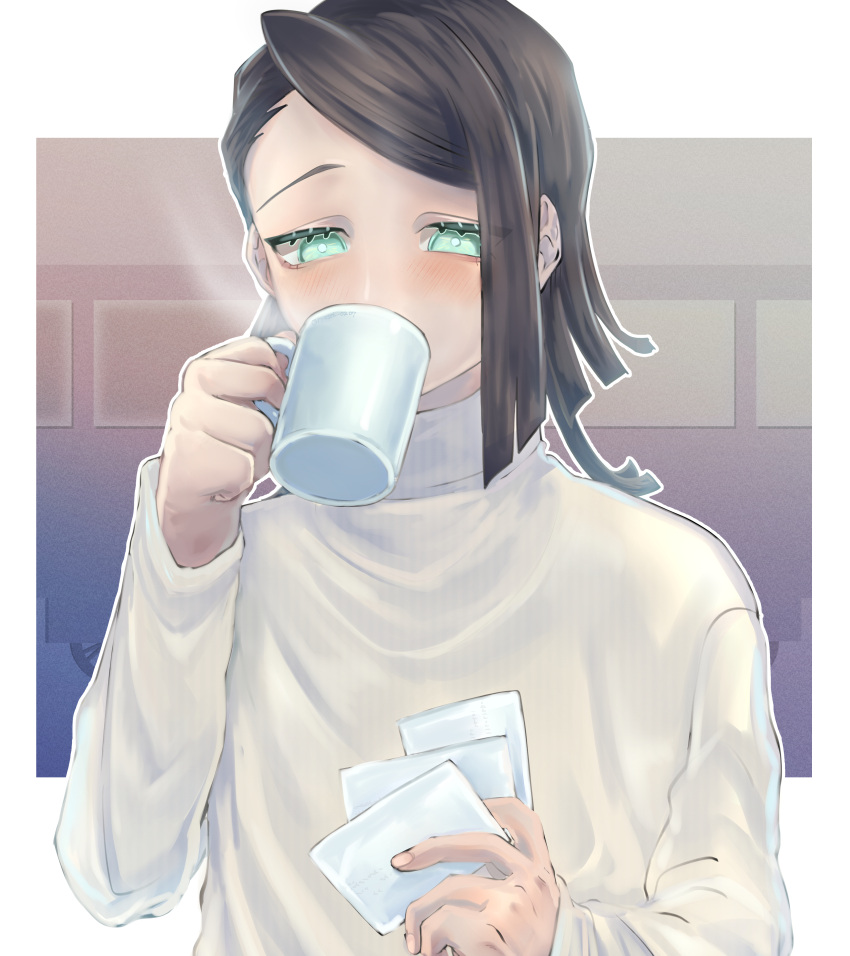 absurdres, alternate_costume, asymmetrical_bangs, blush, border, bright_pupils, coffee_mug, commentary_request