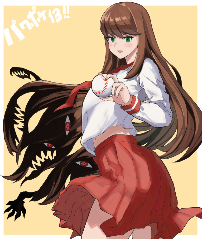 1girl, amezaki_chihaya, ball, baseball_(object), border, brown_hair, commentary_request, extra_eyes