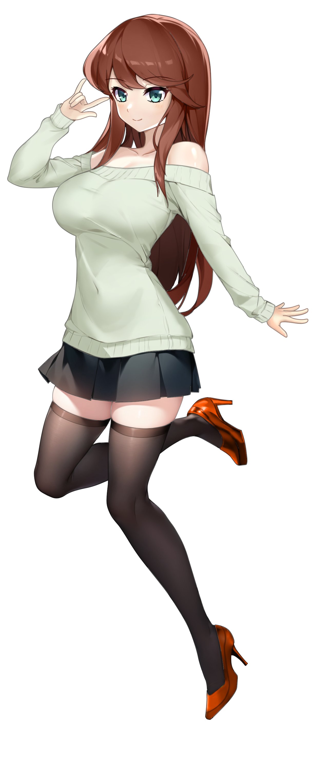 1girl, \m/, absurdres, amezaki_chihaya, aqua_eyes, bare_shoulders, black_skirt, black_thighhighs