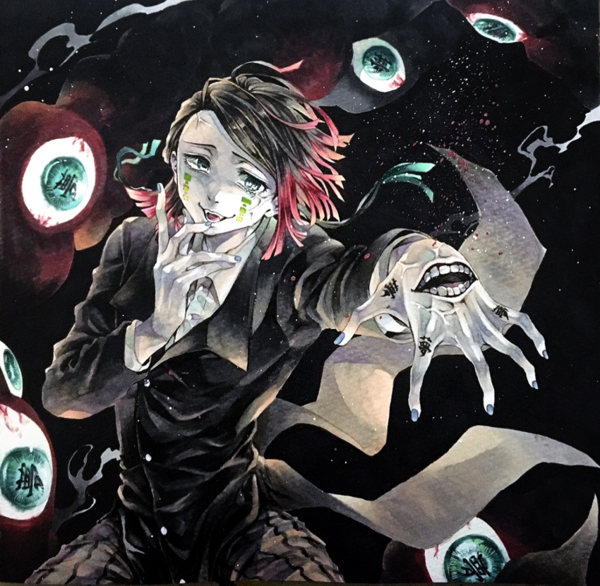 1boy, asymmetrical_bangs, black_background, black_hair, black_jacket, blue_nails, buttons, coattails, colored_tips, commentary, cowboy_shot, demon_boy, enmu_(kimetsu_no_yaiba), facial_mark, fangs, finger_tattoo, flesh, floating_clothes, floating_hair, floating_jacket, foreshortening, green_eyes, grey_pants, hand_to_own_mouth, hand_up, highres, incoming_attack, jacket, kanji_tattoo, kimetsu_no_yaiba, kneeling, light_particles, long_sleeves, male_focus, marker_(medium), medium_hair, misplaced_mouth, monster, multicolored_hair, open_mouth, outstretched_arm, pants, pinstripe_pants, pinstripe_pattern, reaching, reaching_towards_viewer, ruchi_(nxje5533), smile, smoke, suit_jacket, symbol-shaped_pupils, tailcoat, tattoo, tears_facial_mark, teeth, too_many_eyes, traditional_media, trap, undershirt, veins, veiny_eyes, veiny_face, veiny_hands, wind