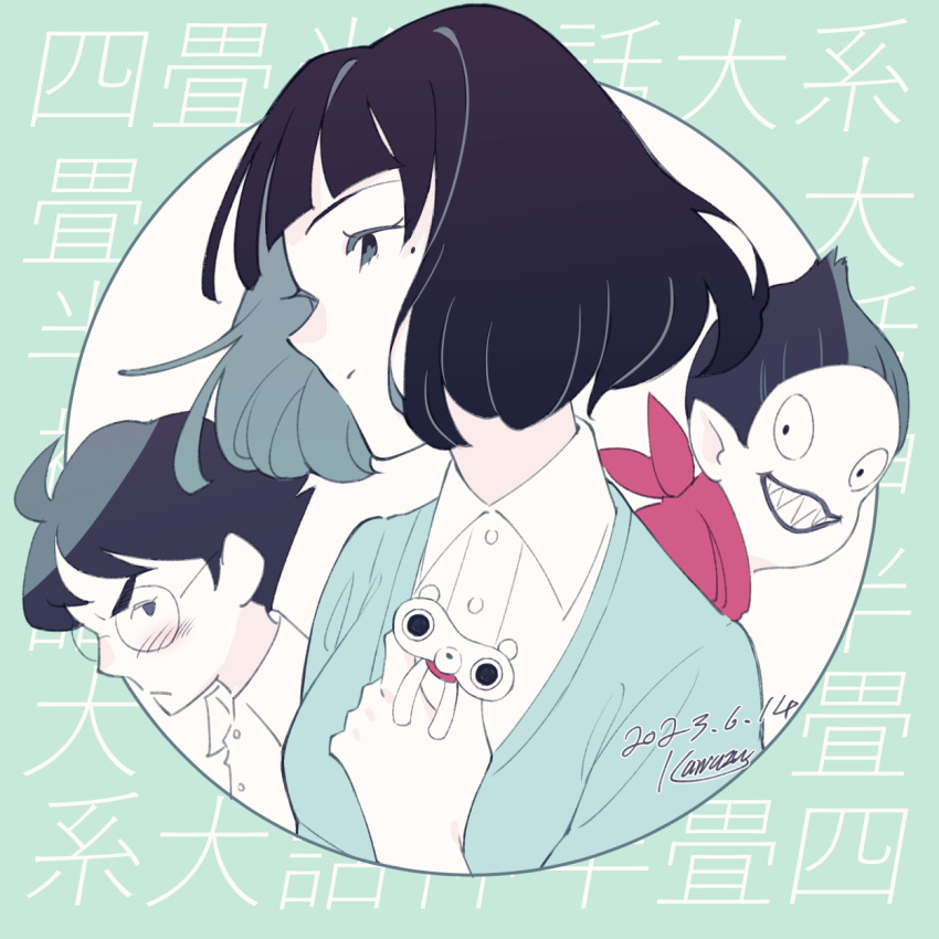 1girl, 2boys, akashi_(yojouhan), black_eyes, black_hair, blue_dress, bob_cut, colored_skin