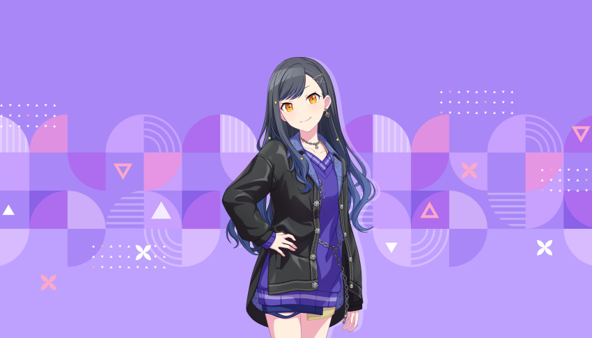 1girl, black_hair, black_jacket, blue_hair, closed_mouth, collarbone, colorful_palette, dress