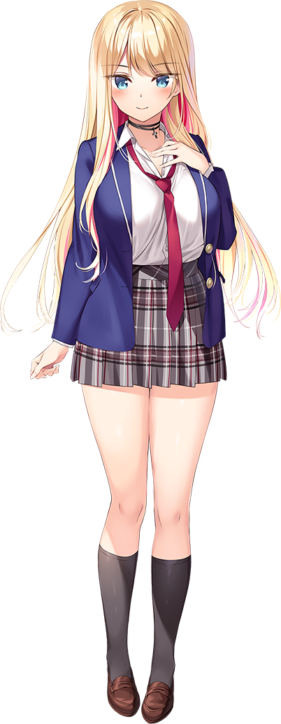 1girl, amaemi-longing_for_you-, arm_at_side, black_choker, black_socks, blonde_hair, blue_eyes, blue_jacket