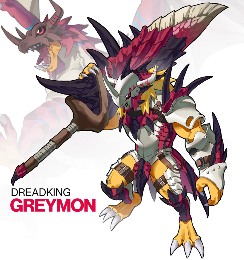 armor, blonde_hair, colored_skin, commentary, digimon, digimon_(creature), dinosaur, dragon, english_commentary, fusion, helmet, holding, holding_sword, holding_weapon, horns, krinn75, medium_hair, monster_hunter_(series), no_humans, red_eyes, reusgreymon, sharp_teeth, shoulder_p, simple_background, spiked_tail, sword, tail, teeth, victorygreymon, wargreymon, weapon, white_background, wings, yellow_skin
