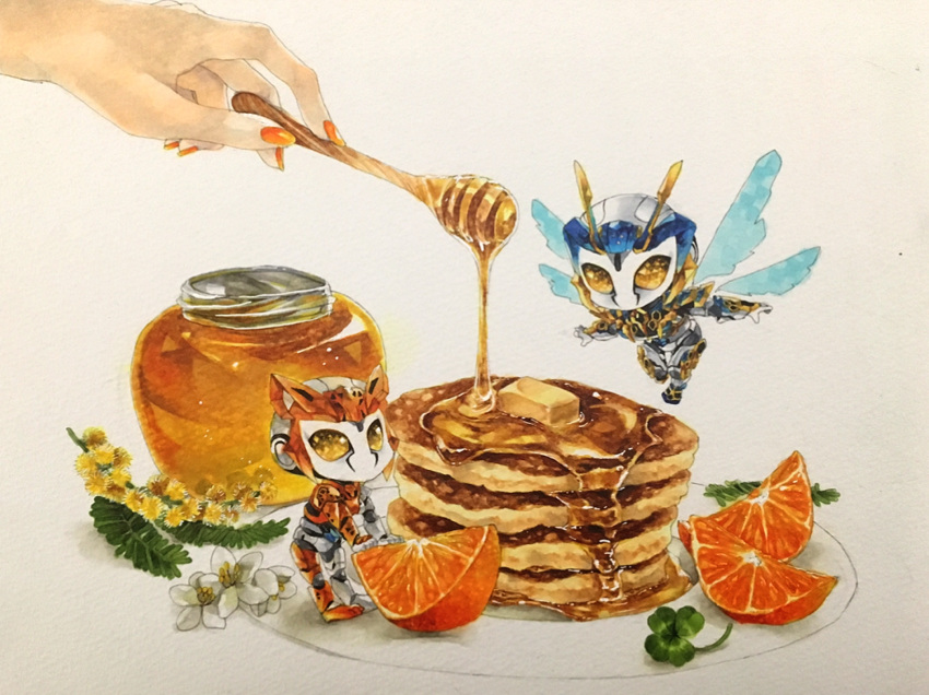 1girl, 2boys, arthropod_boy, bottle, commentary, flower, food, food_focus, fruit, full_body, highres, honey, insect_wings, kamen_rider, kamen_rider_01_(series), kamen_rider_valkyrie_(lightning_hornet), kamen_rider_valkyrie_(rushing_cheetah), kamen_rider_zero-one, leaf, marker_(medium), mini_person, miniboy, multiple_boys, nail_polish, orange_(fruit), orange_nails, orange_slice, out_of_frame, pancake, plant_request, plate, robot_boy, ruchi_(nxje5533), symbol-only_commentary, traditional_media, white_background, white_flower, wings