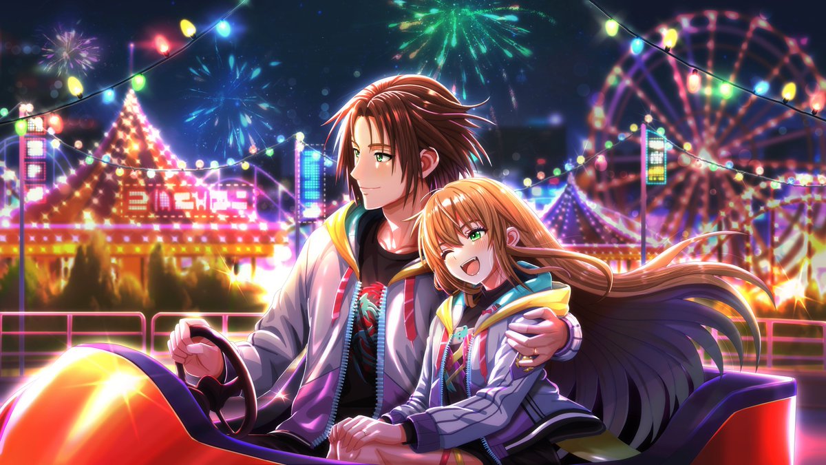1boy, 1girl, :d, aerial_fireworks, amusement_park, ashton_anchors, brown_hair, car