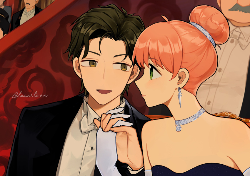 absurdres, aged_up, anastasia_(1997), anya_(spy_x_family), black_dress, black_jacket, bow, brown_eyes