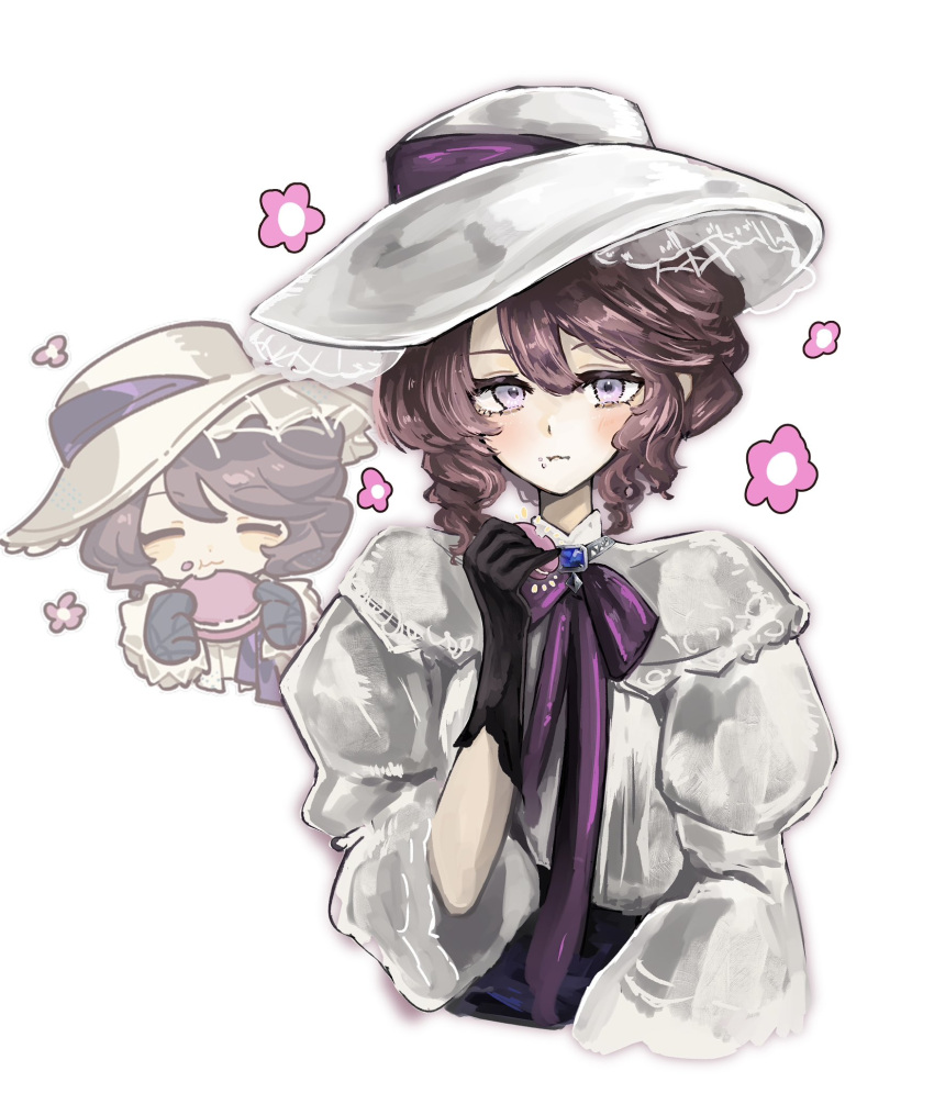 1girl, black_gloves, blue_gem, bow, bowtie, brown_hair, chibi, chibi_inset, chksangyo, commentary, cropped_torso, felicienne_(reverse:1999), flower, food, food_on_face, gem, gloves, hand_up, hat, highres, holding, holding_food, jewelry, looking_at_viewer, macaron, necklace, purple_bow, purple_bowtie, reference_inset, reverse:1999, shirt, short_hair, solo, symbol-only_commentary, upper_body, violet_eyes, wavy_mouth, white_background, white_hat, white_shirt