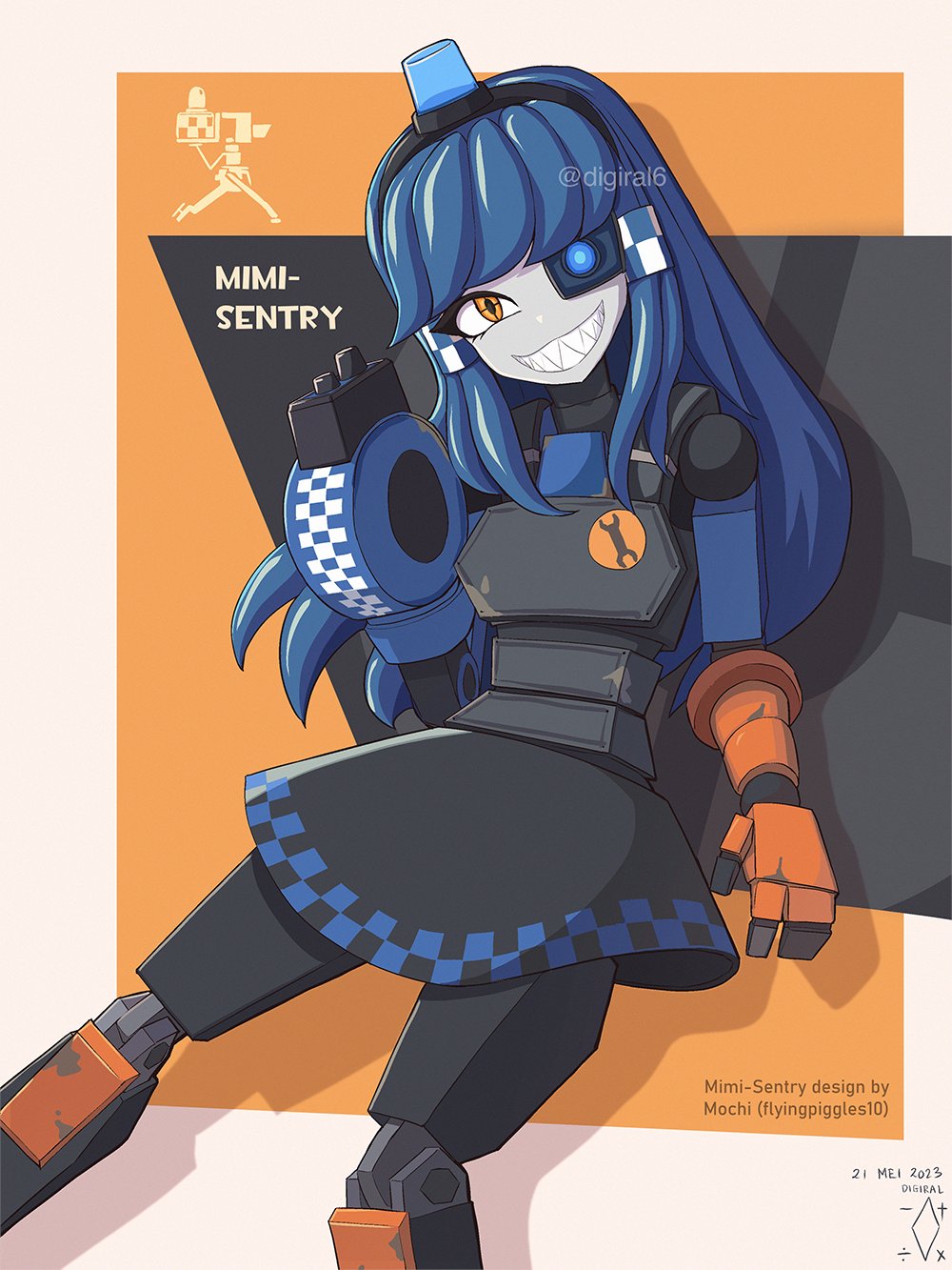 1girl, arm_cannon, artist_name, black_dress, blue_eyes, blue_hair, borrowed_character, character_name, checkered_trim, commentary, crosshair_pupils, dated, digiral, dress, english_commentary, english_text, fangs, feet_out_of_frame, fewer_digits, grin, heterochromia, highres, joints, long_hair, looking_at_viewer, mimi-sentry_(flyingpiggles), official_alternate_color, original, personification, robot, robot_girl, robot_joints, sharp_teeth, simple_background, smile, solo, team_fortress_2, teeth, variant_set, weapon, wrench, yellow_eyes