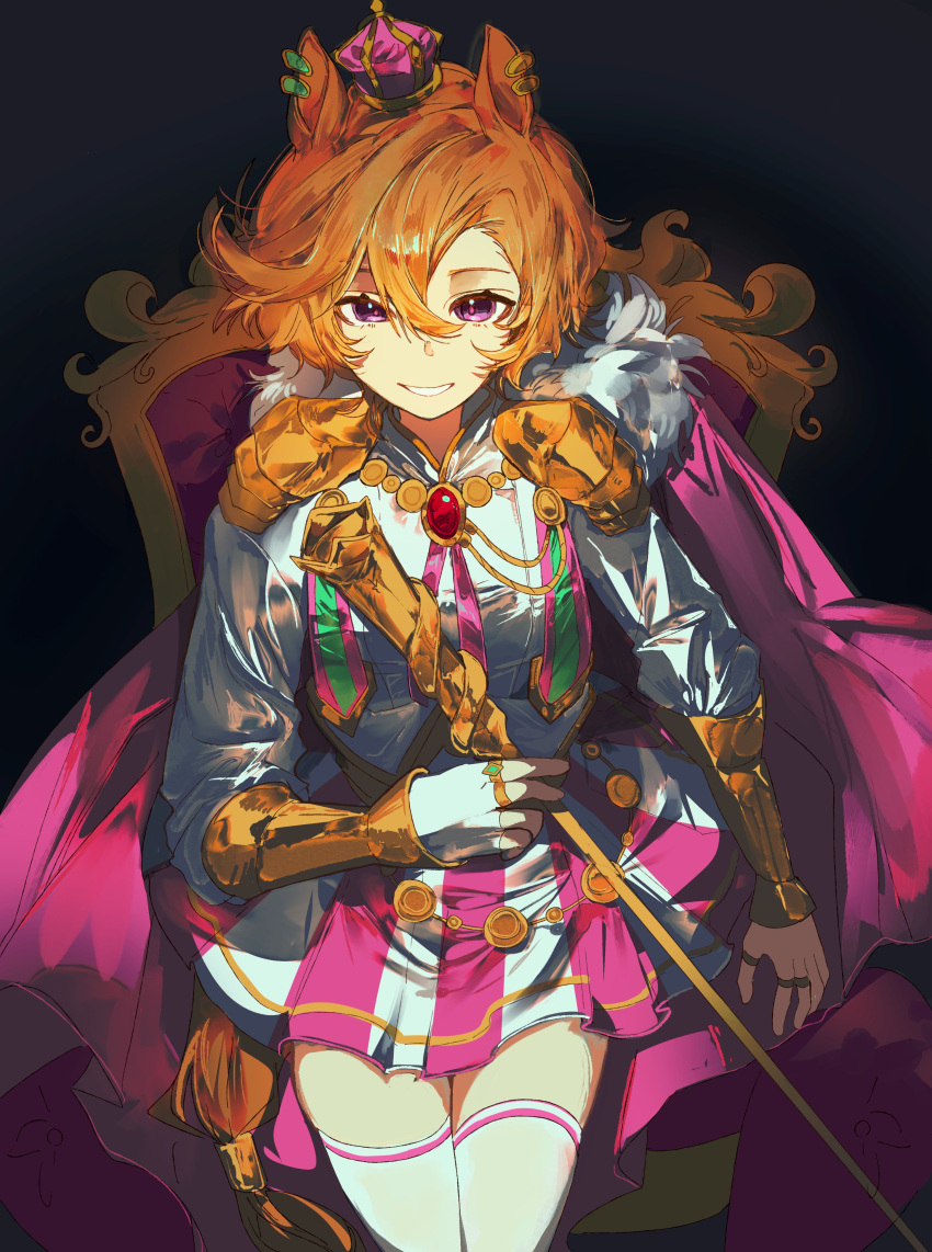 1girl, absurdres, animal_ears, armor, breasts, cane, cape, crown, ear_ribbon, fingerless_gloves, gloves, gold_corset, hair_between_eyes, hashtag-only_commentary, highres, holding, holding_cane, horse_ears, horse_girl, horse_tail, jewelry, john_uma, long_sleeves, looking_at_viewer, mini_crown, multiple_rings, open_mouth, orange_hair, orange_tail, pink_cape, pink_crown, ring, shirt, short_hair, shoulder_armor, single_fingerless_glove, sitting, sitting_on_throne, skirt, smile, solo, t.m._opera_o_(o_sole_suo!)_(umamusume), t.m._opera_o_(umamusume), tail, thigh-highs, throne, two-tone_skirt, umamusume, violet_eyes, white_gloves, white_shirt, white_thighhighs, zettai_ryouiki