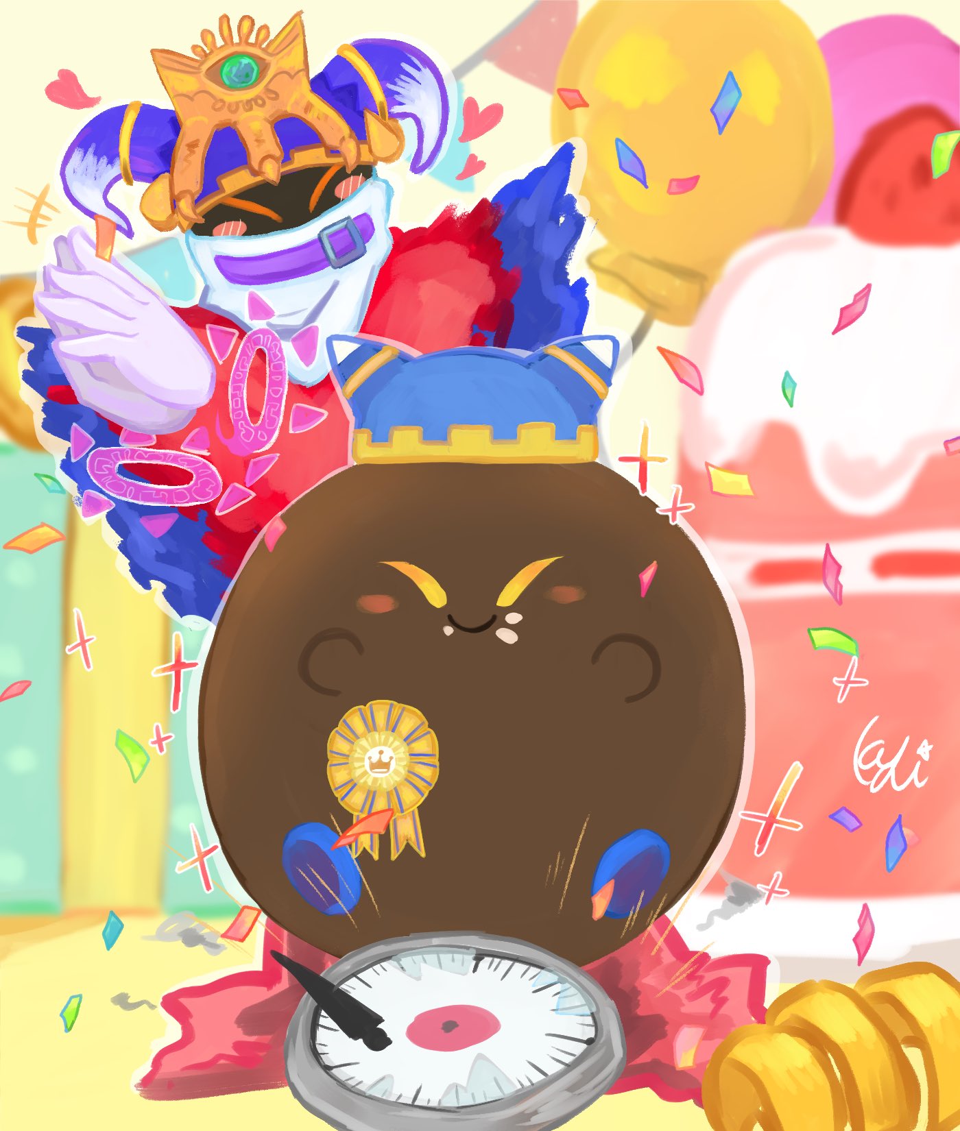 balloon, blush_stickers, closed_eyes, commentary_request, confetti, cosplay, crown, food