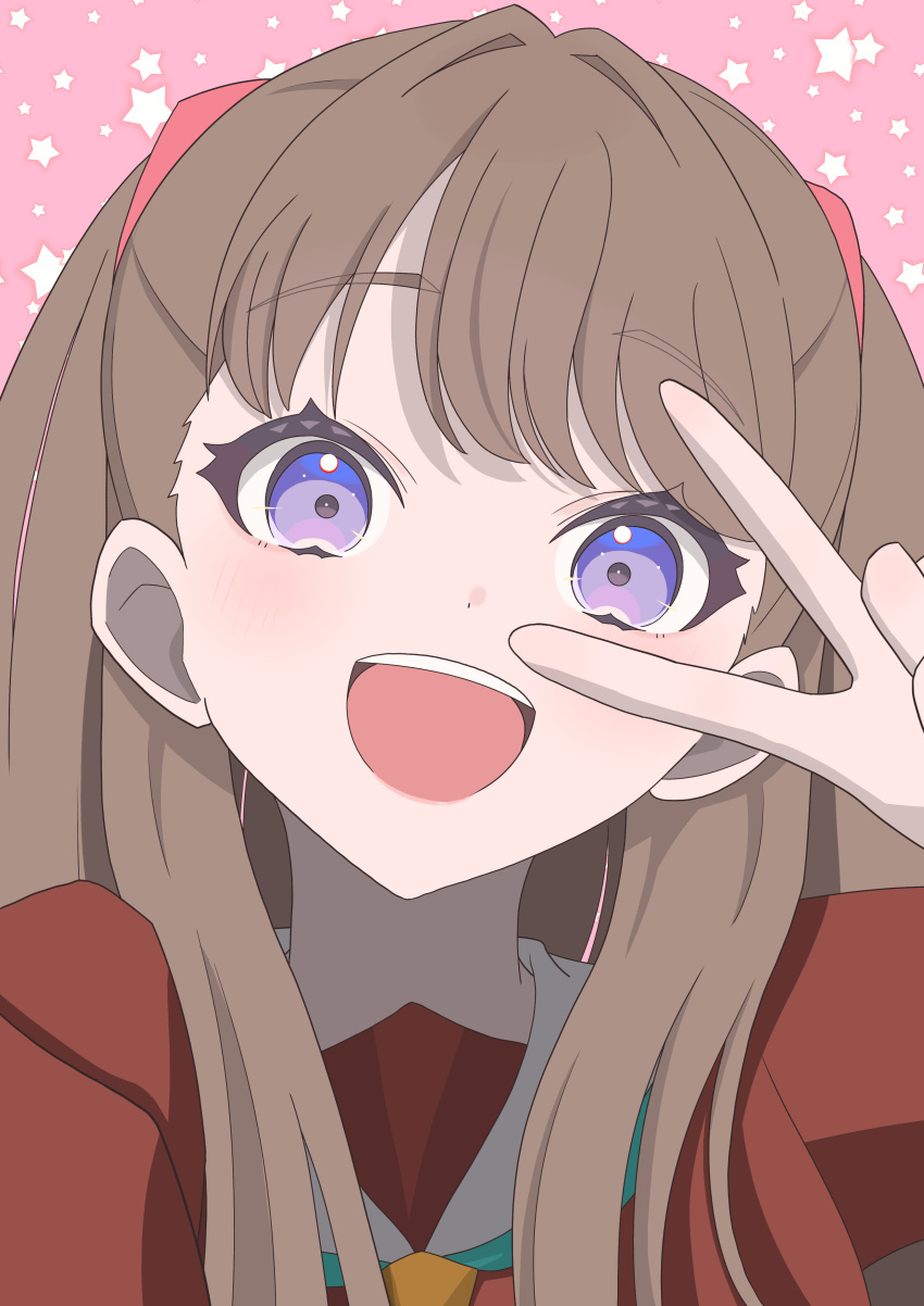 1girl, :d, absurdres, aqua_neckerchief, brown_dress, brown_hair, commentary_request, dress