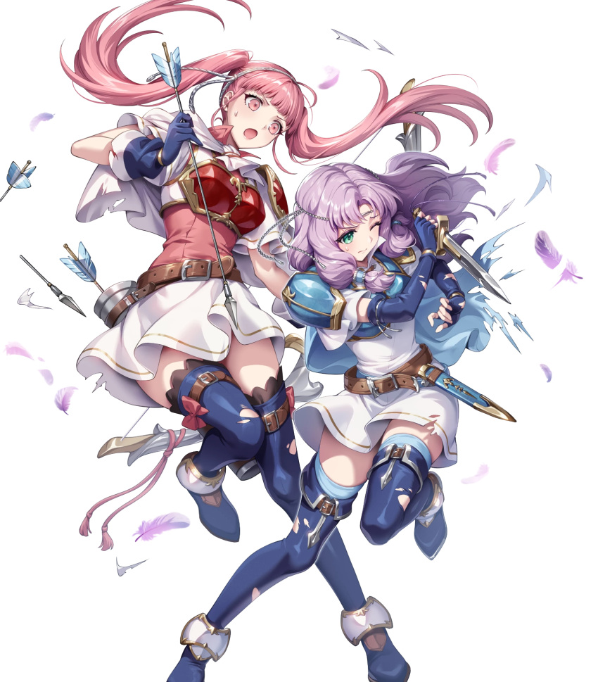 2girls, armor, arrow_(projectile), attack, battle_damage, belt, black_thighhighs, blue_boots, blue_cape, blue_gloves, blue_thighhighs, blush, boots, bow_(weapon), breastplate, breasts, brown_belt, cape, circlet, closed_mouth, dagger, damaged, dress, elbow_gloves, fighting_stance, fingerless_gloves, fire_emblem, fire_emblem:_the_blazing_blade, fire_emblem:_three_houses, fire_emblem_heroes, florina_(fire_emblem), florina_(skyward_wings)_(fire_emblem), gloves, gomashio_ponz, green_eyes, hairband, headband, highres, hilda_valentine_goneril, hilda_valentine_goneril_(skyward_wings), holding, holding_bow_(weapon), holding_dagger, holding_knife, holding_weapon, knife, long_hair, looking_at_viewer, multiple_girls, non-web_source, official_alternate_costume, official_art, one_eye_closed, open_mouth, pink_dress, pink_eyes, pink_hair, purple_hair, quiver, sheath, short_sleeves, shoulder_armor, simple_background, thigh-highs, thigh_boots, torn_clothes, twintails, weapon, white_background, white_cape, white_dress, white_hairband, white_headband