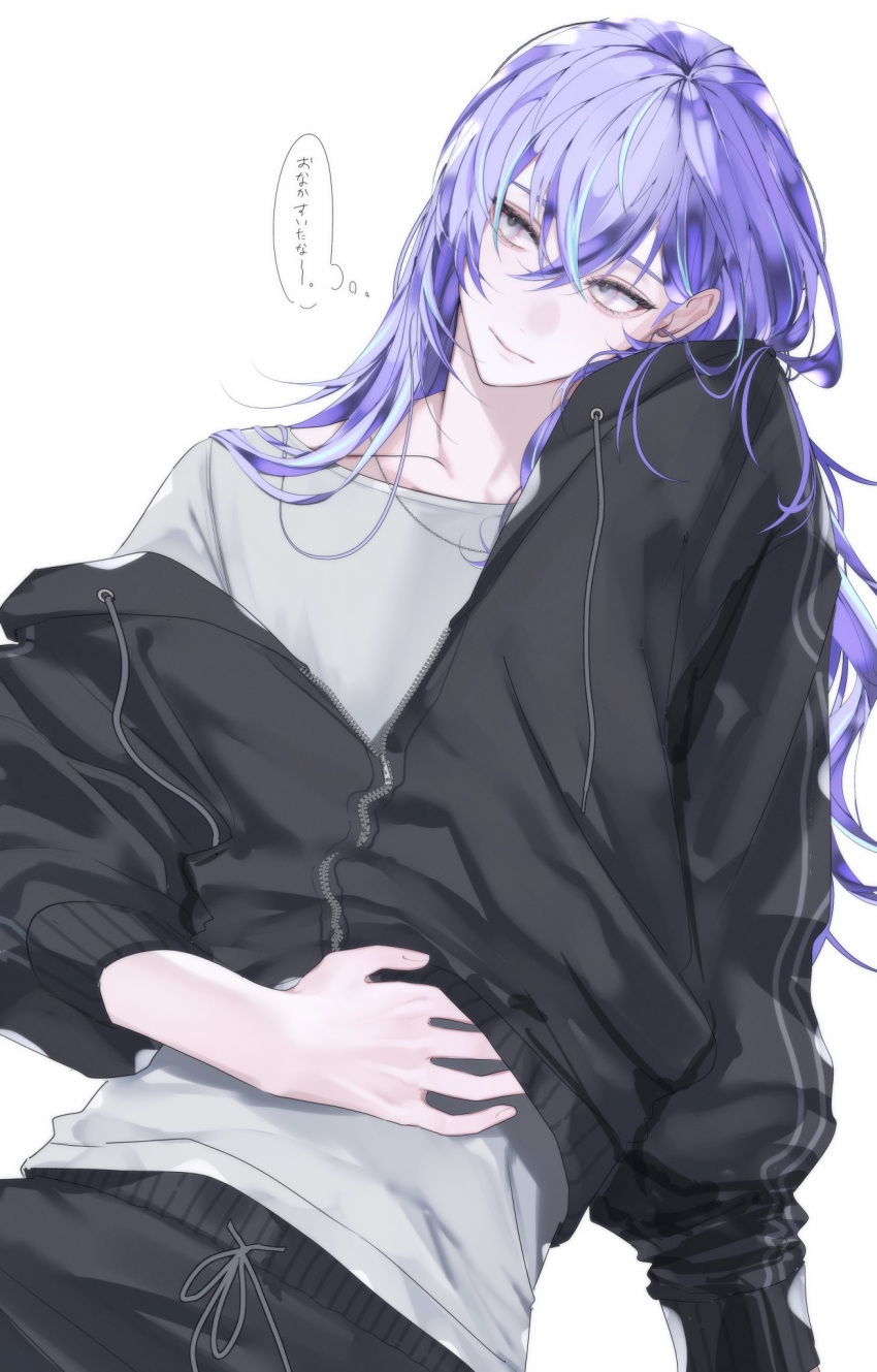 1boy, alternate_costume, black_jacket, black_pants, closed_mouth, cowboy_shot, grey_eyes, grey_shirt