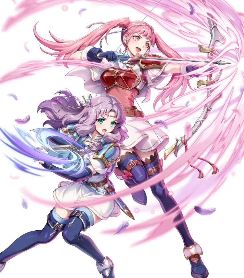 2girls, armor, arrow_(projectile), attack, belt, black_thighhighs, blue_boots, blue_cape