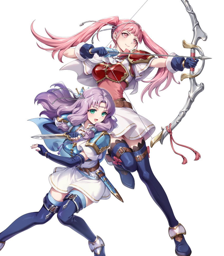 2girls, armor, arrow_(projectile), attack, belt, black_thighhighs, blue_boots, blue_cape