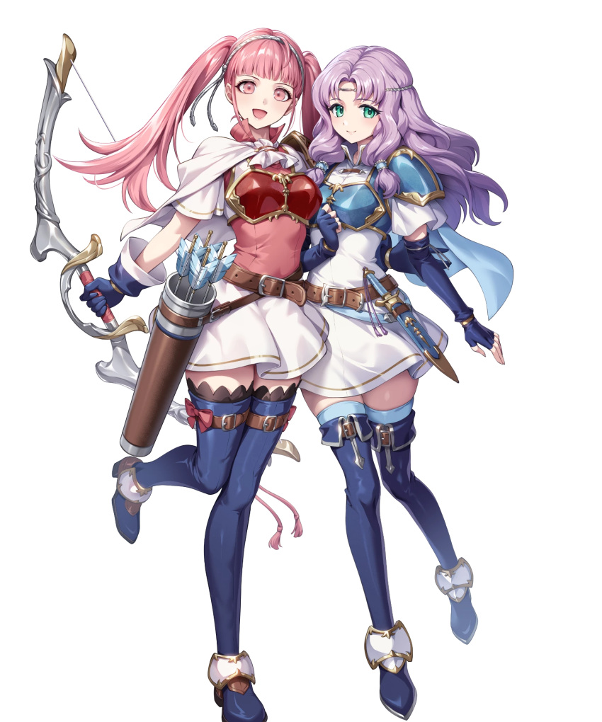 2girls, armor, arrow_(projectile), belt, black_thighhighs, blue_boots, blue_cape, blue_gloves