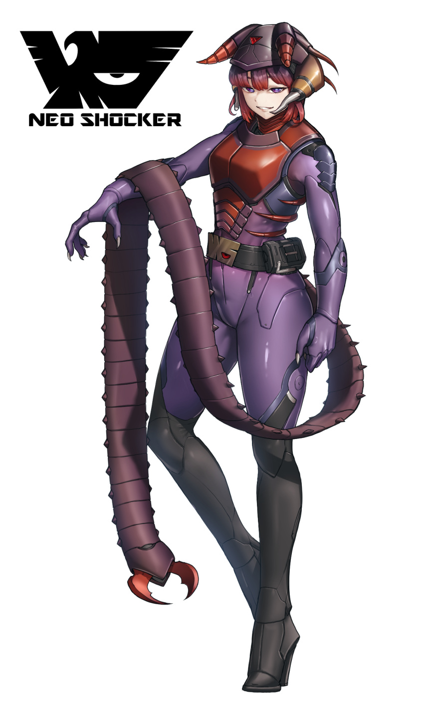 1girl, arthropod_girl, arthropod_tail, belt, black_belt, black_boots, bodysuit, boots, centipede_girl, centipede_tail, commentary, eidenjyou1997, emblem, english_commentary, evil_grin, evil_smile, full_body, genderswap, genderswap_(mtf), gradient_hair, grin, high_heel_boots, high_heels, highres, kamen_rider, looking_at_viewer, medium_hair, monster_girl, mukadenjin, multicolored_hair, neo_kamen_rider, parted_lips, purple_bodysuit, purple_hair, red_hair, shocker_(kamen_rider), simple_background, smile, solo, standing, tail, teeth, thigh_boots, white_background