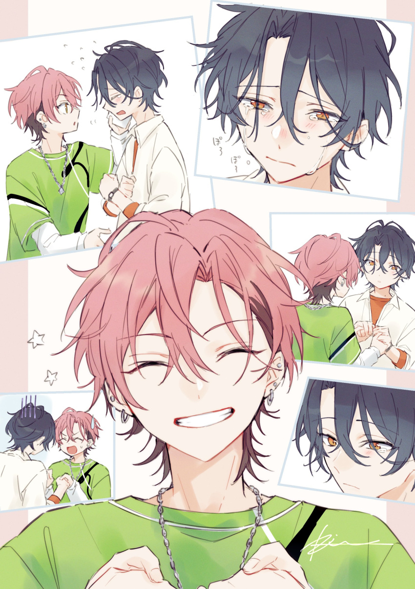 2boys, absurdres, black_hair, clenched_teeth, closed_eyes, closed_mouth, collared_shirt, commentary_request