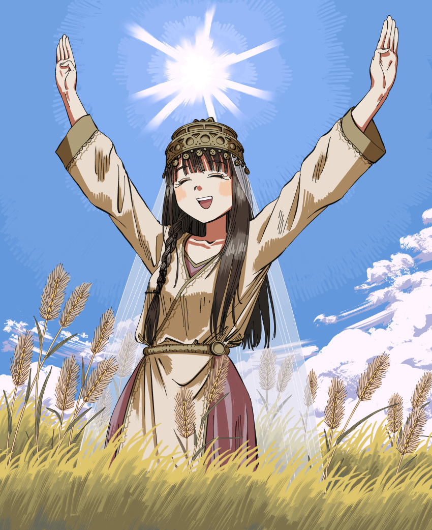 1girl, absurdres, arms_up, black_hair, blue_sky, closed_eyes, commentary, day