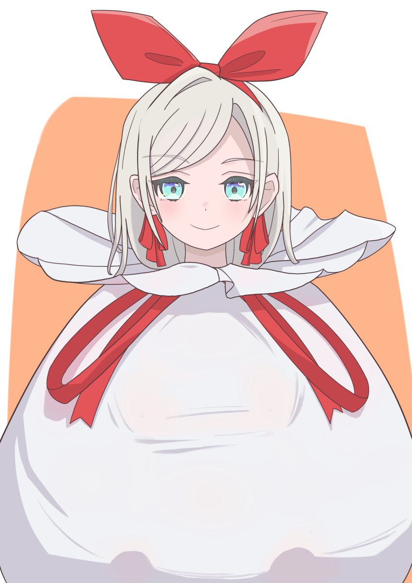 1girl, absurdres, blue_eyes, border, bow, bow_hairband, ceras_yanagida_lilienfeld, closed_mouth