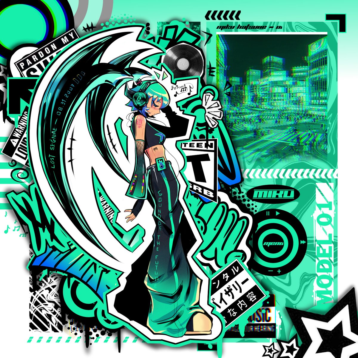 1girl, antenna_hair, aqua_hair, aqua_pants, aqua_trim, arm_tattoo, baggy_pants, barcode