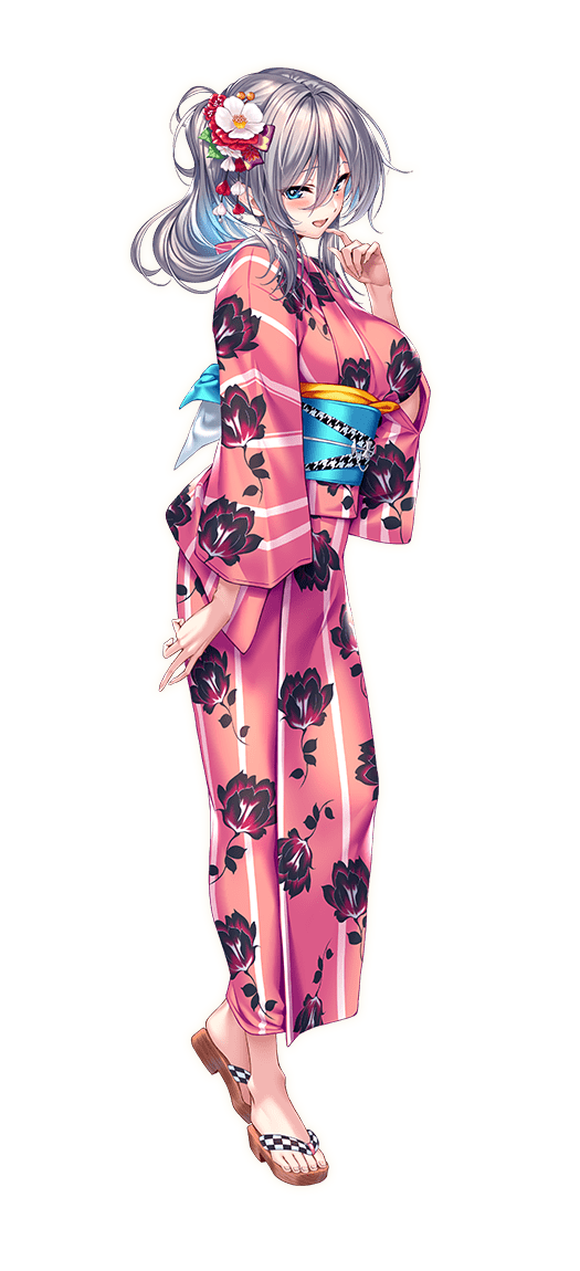 1girl, amakano_2, blue_eyes, blush, breasts, brown_sandals, floral_print, floral_print_kimono