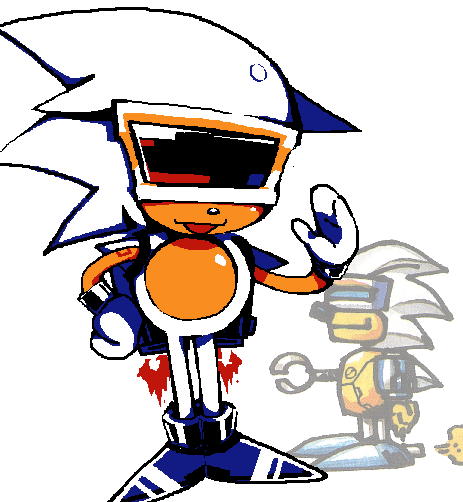 1boy, assault_visor, commentary, english_commentary, gloves, jetpack, looking_at_viewer, male_focus, mecha_sonic_mki_(8-bit), official_art, photo-referenced, randalcarnicer, redesign, simple_background, solo, sonic_(series), sonic_the_hedgehog_(classic), sonic_the_hedgehog_2_(8-bit), white_background, white_gloves