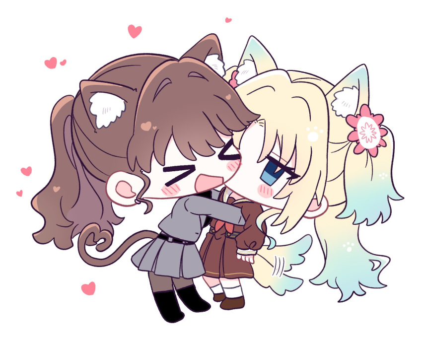 >_<, 2girls, :d, animal_ear_fluff, animal_ears, black_boots, black_pantyhose, black_sweater