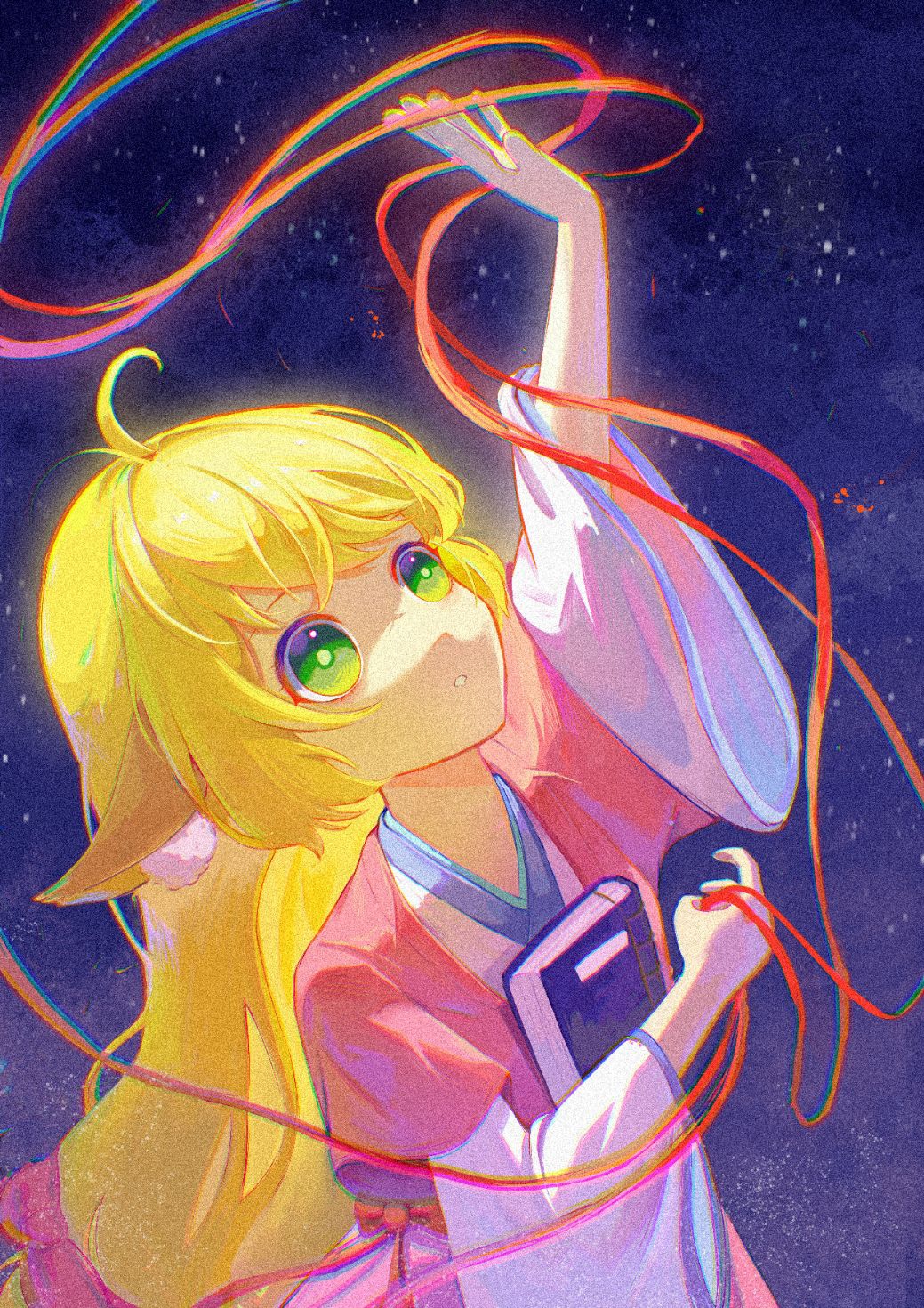 1girl, ahoge, animal_ear_fluff, animal_ears, arm_up, awsj7858, blonde_hair, book