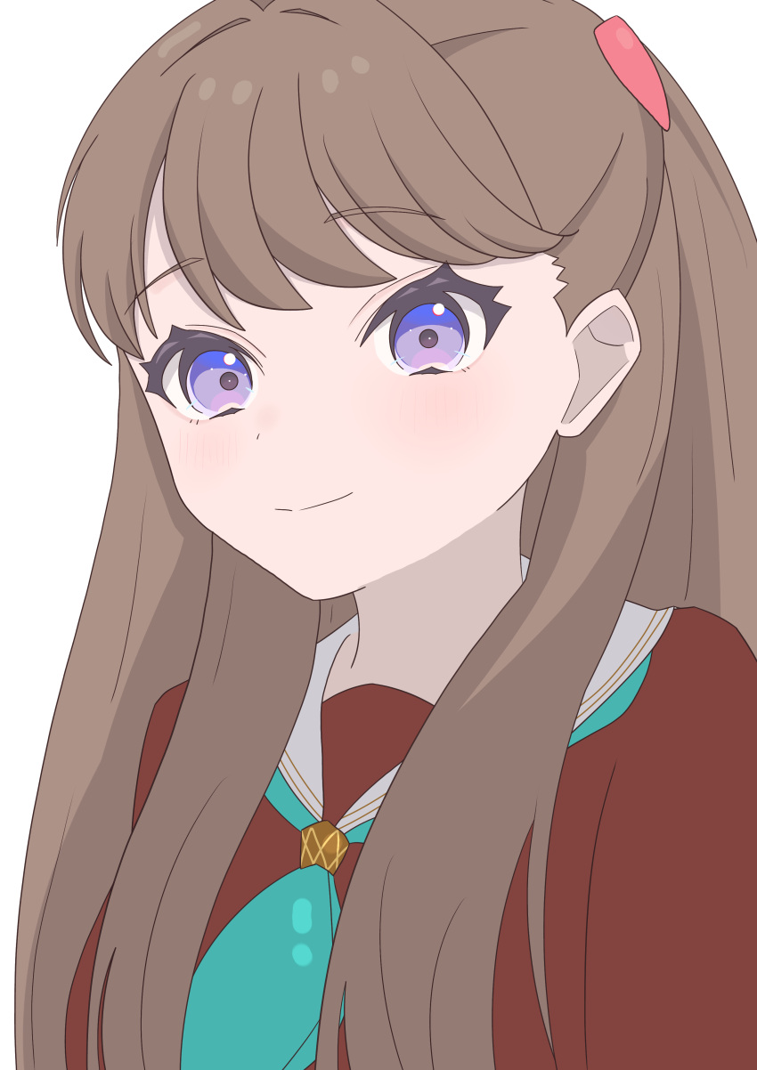 1girl, absurdres, aqua_neckerchief, brown_dress, brown_hair, closed_mouth, commentary_request, dress