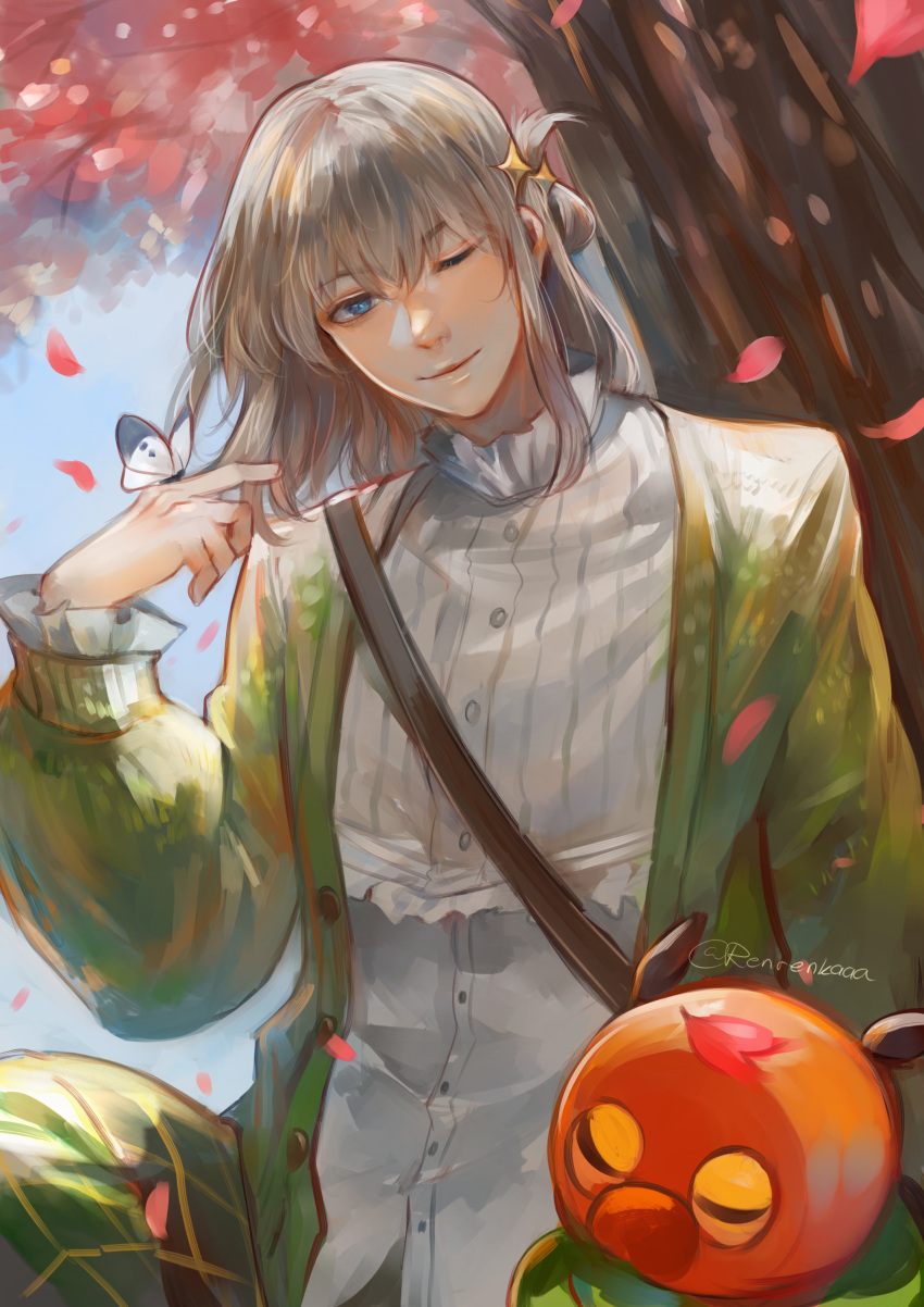 1boy, absurdres, blue_eyes, bug, buttons, caterpillar, closed_mouth, commentary_request