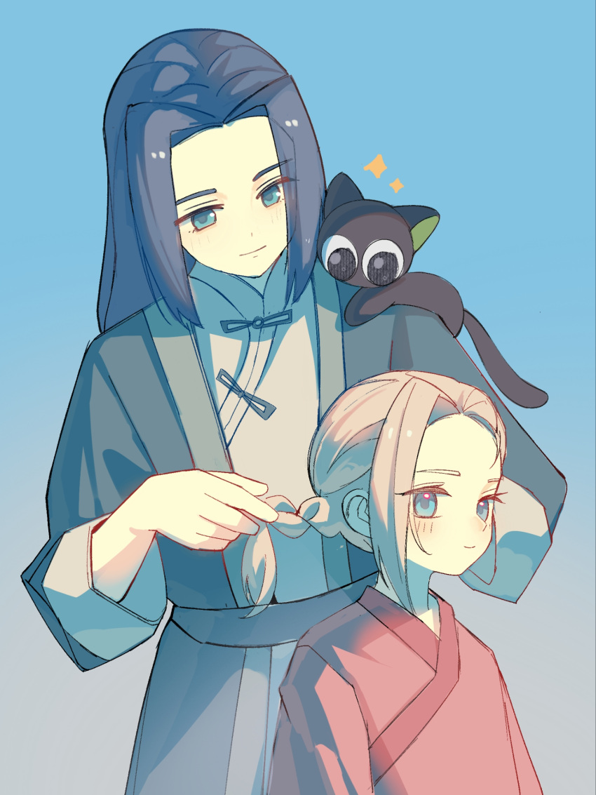 1girl, 2boys, animal_on_shoulder, aqua_eyes, awsj7858, black_hair, blue_background, blue_eyes