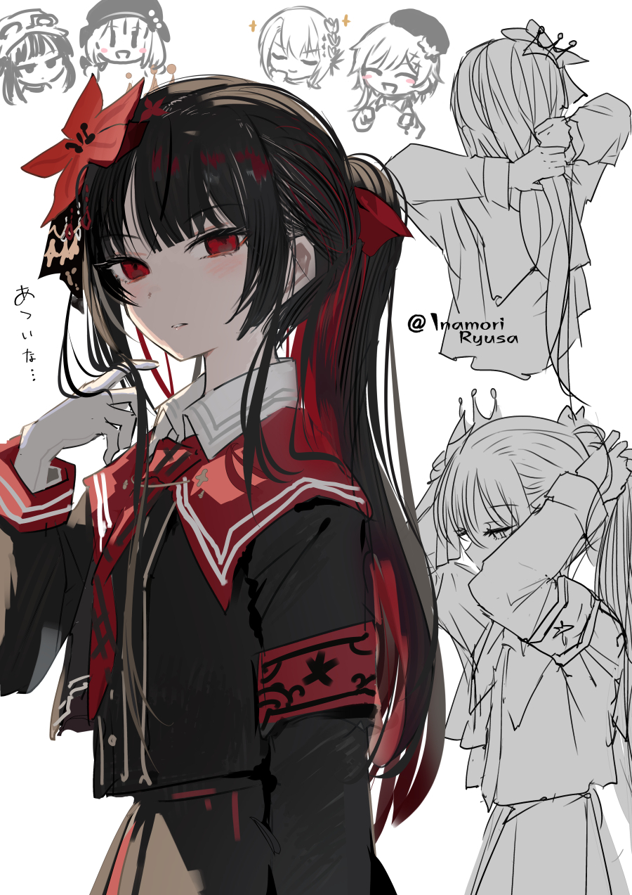 1girl, alternate_hairstyle, arms_behind_head, black_hair, black_skirt, chibi, chibi_inset, commentary_request
