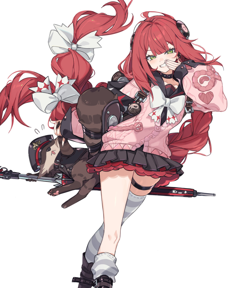 1girl, absurdres, animal_on_back, awe_(adorableduckyy), black_sailor_collar, blush, braid, braided_twintails