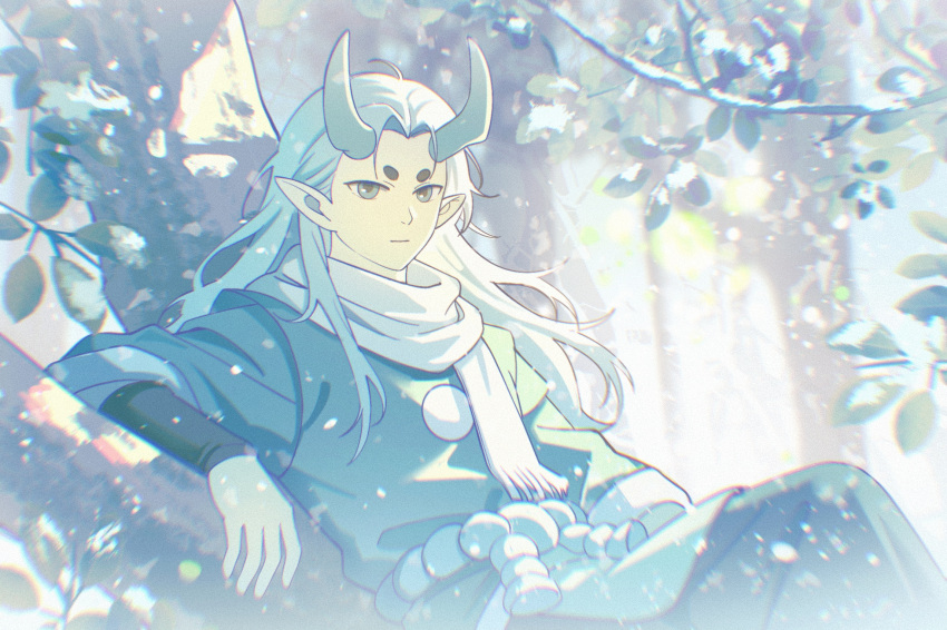 1boy, aqua_hair, aqua_horns, awsj7858, commentary_request, highres, horns, long_hair, male_focus, outdoors, pointy_ears, rope, scarf, short_eyebrows, sitting, snow, solo, the_legend_of_luo_xiaohei, tree, winter, xuhuai_(the_legend_of_luo_xiaohei)
