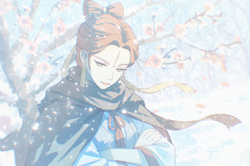 1girl, awsj7858, commentary_request, crossed_arms, earrings, flower, green_eyes, highres