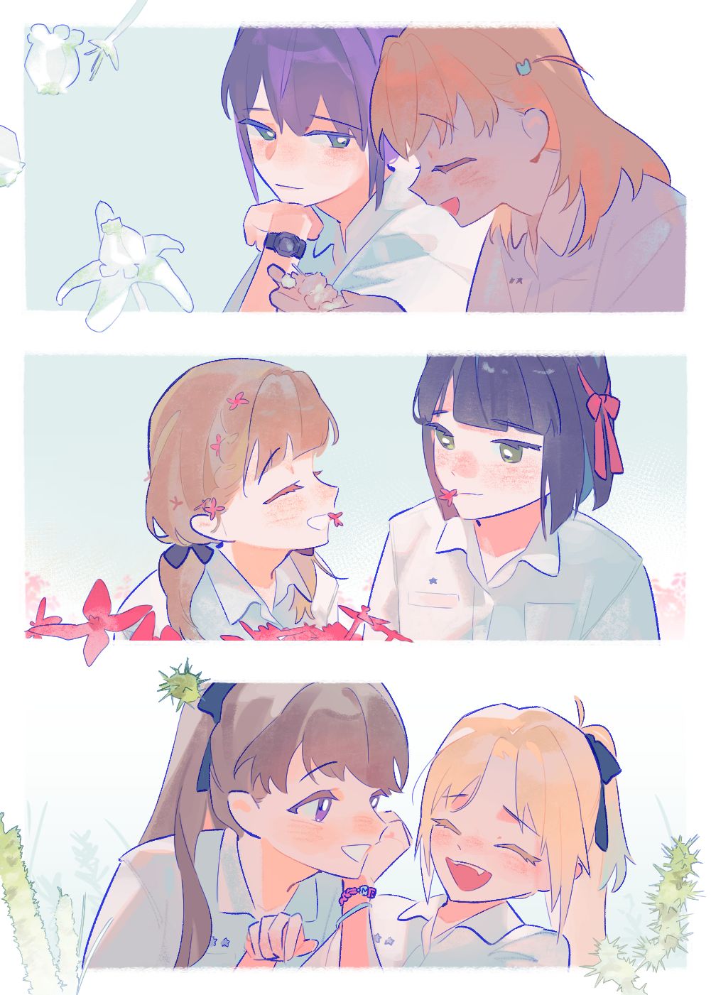 6+girls, :d, ^_^, ahoge, alternate_universe, black_bow, black_hair, black_ribbon