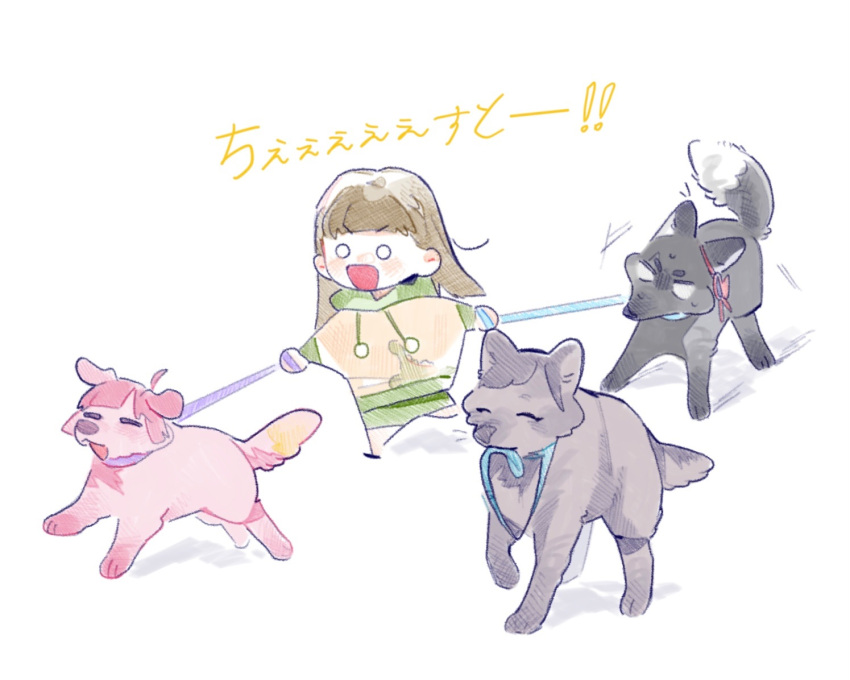 1girl, :d, animalization, anyoji_hime, blank_eyes, braid, brown_hair, center-flap_bangs, chesto_(phrase), chibi, chibi_only, closed_mouth, commentary_request, dog, fox, grey_dog, hasu_no_shoushihenkei, holding, holding_leash, hood, hoodie, kachimachi_kosuzu, kachimachi_kosuzu_(summer_loungewear), katsuragi_izumi, leash, leash_in_mouth, link!_like!_love_live!, long_hair, long_sleeves, love_live!, momose_ginko, mouth_hold, o_o, open_mouth, pet_walking, pink_dog, pipi_(m1x_mix), side_braids, simple_background, smile, solo, virtual_youtuber, white_background, yellow_hoodie